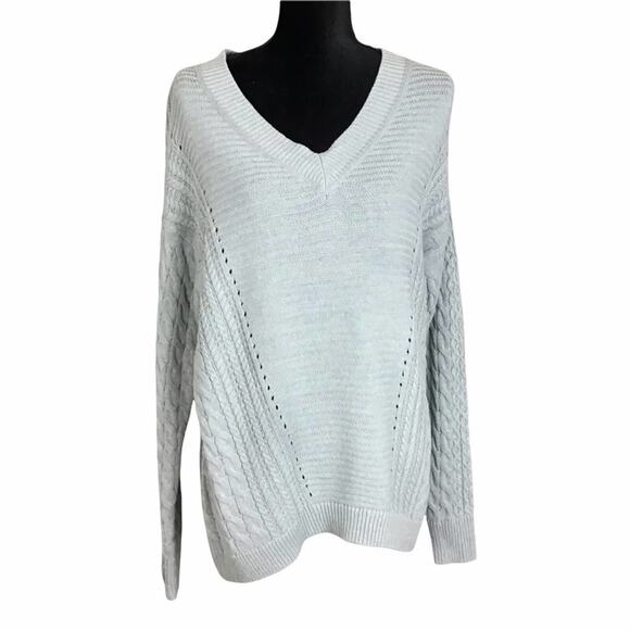 Caslon Women’s Size Small Gray Cable Knit V-Neck Oversized Pullover Sweater NWOT - Picture 1 of 14